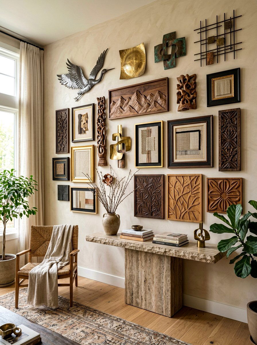 Textured 3D wall art display - 30 salon wall entry ideas