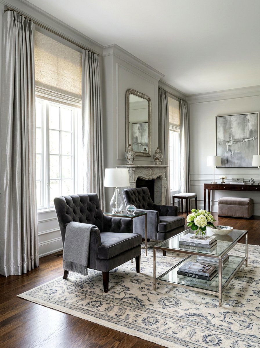 Textured Fabric Shade With Silk Curtains - 30 blind and curtain combo ideas