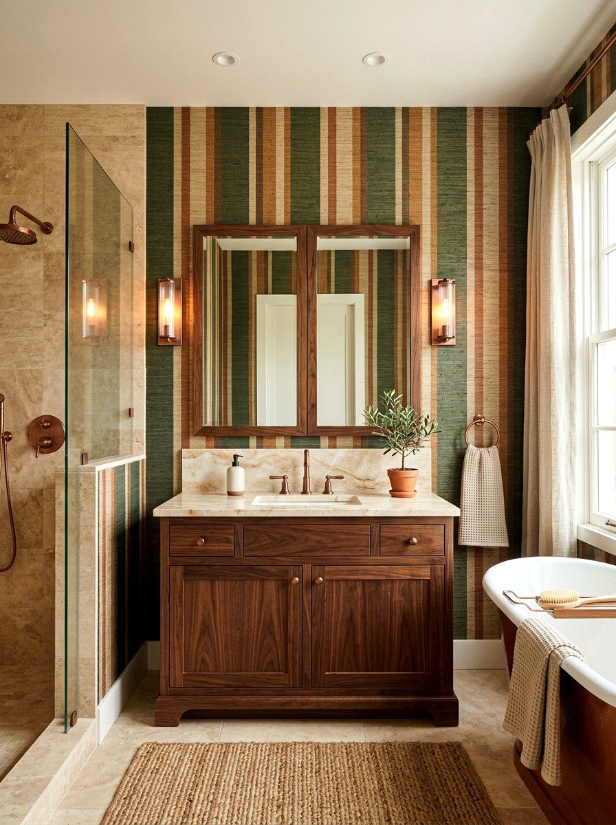 Textured Grasscloth Striped Bathroom - 30 striped bathroom wallpaper ideas
