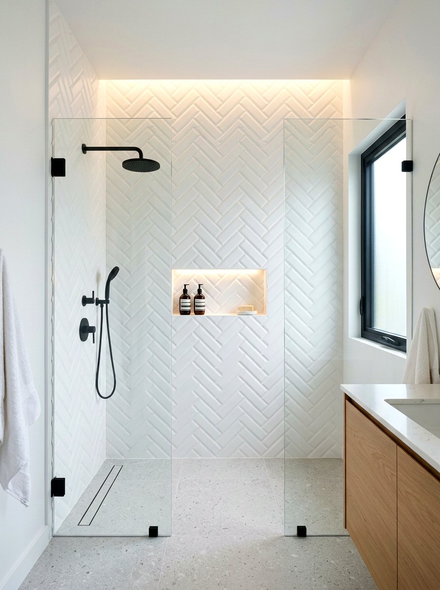 Textured Herringbone Shower Wall - 30 herringbone shower tile ideas