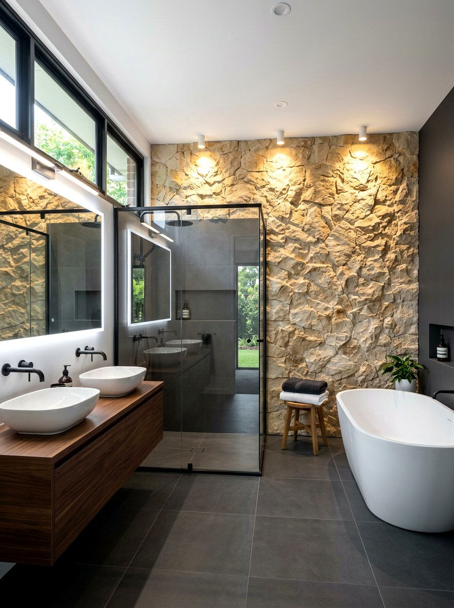 Textured Limestone Bathroom Accent Wall - 30 limestone bathroom ideas