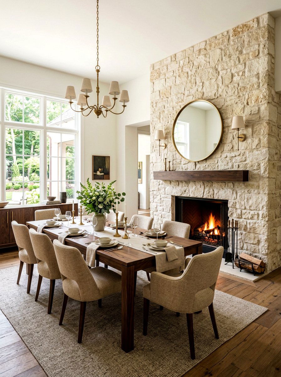 Textured Limestone Fireplace Wall - 30 dining room fireplace wall ideas