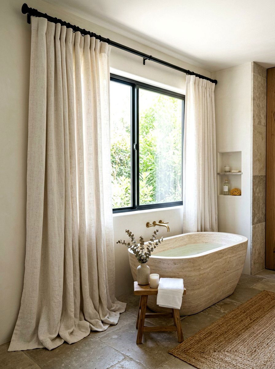 Textured Linen Curtains - 30 rustic spa bathroom ideas