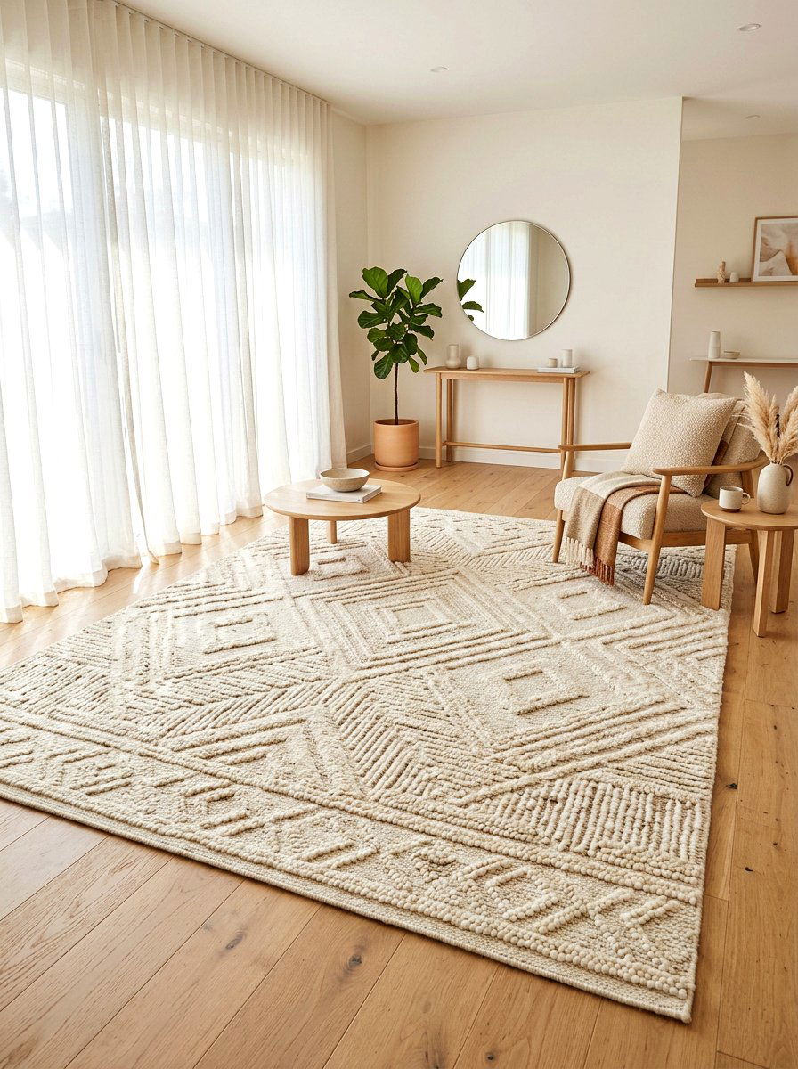 Textured Neutral Area Rug - 30 soft minimal apartment ideas