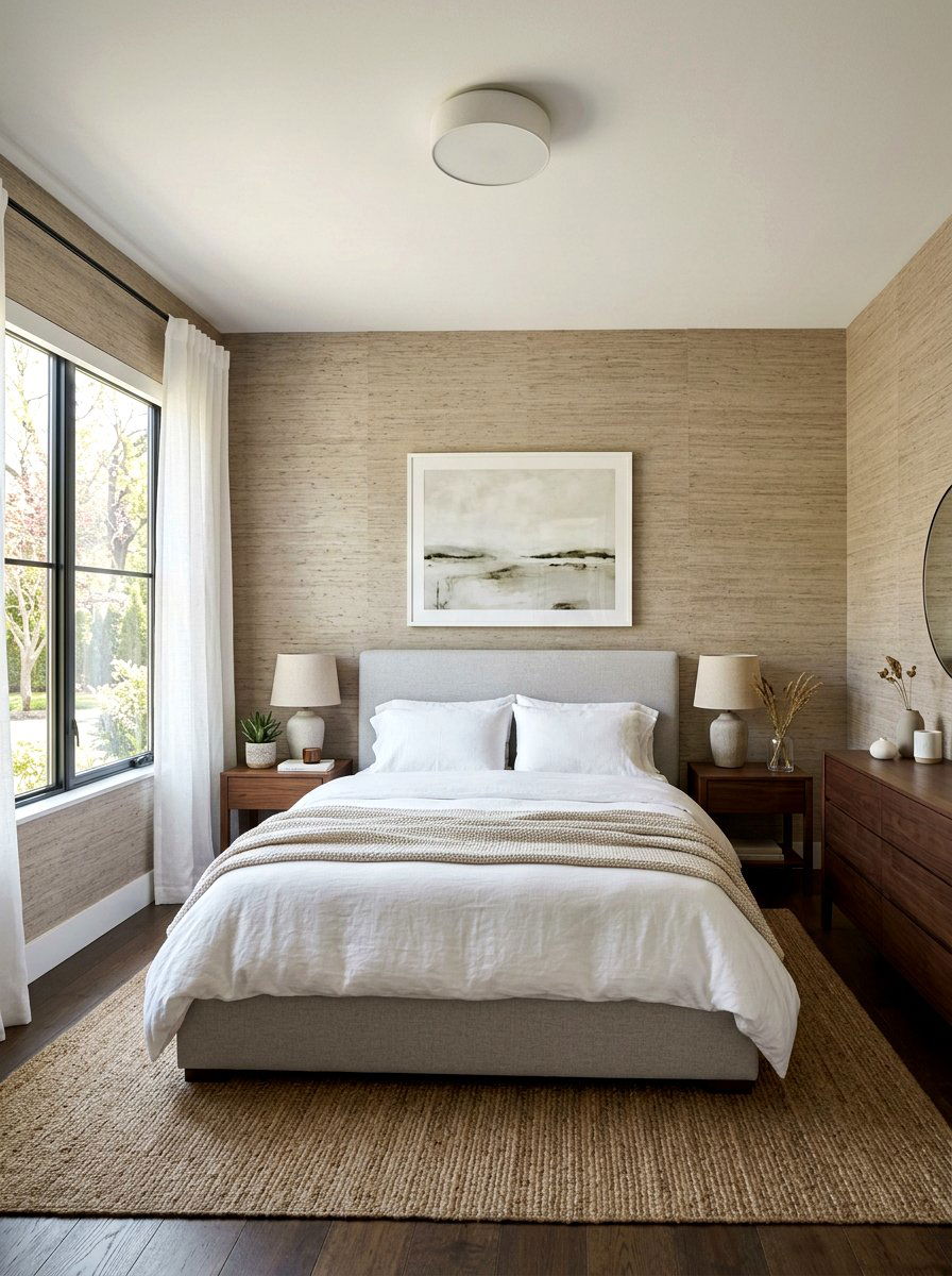 Textured Neutral Wallpaper Bedroom - 30 earthy minimalist bedroom ideas