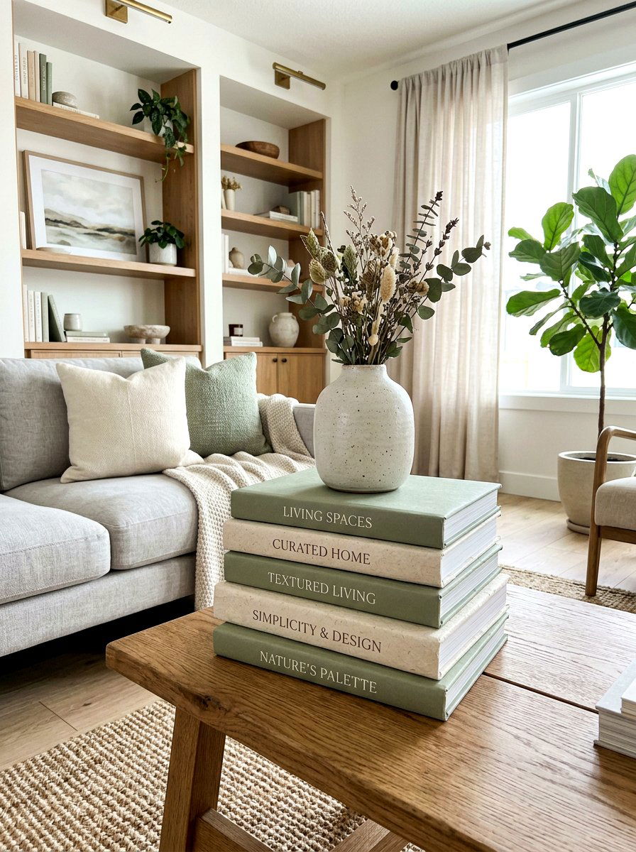 Textured Paper Wrapped Book Pile - 30 stacked book table ideas