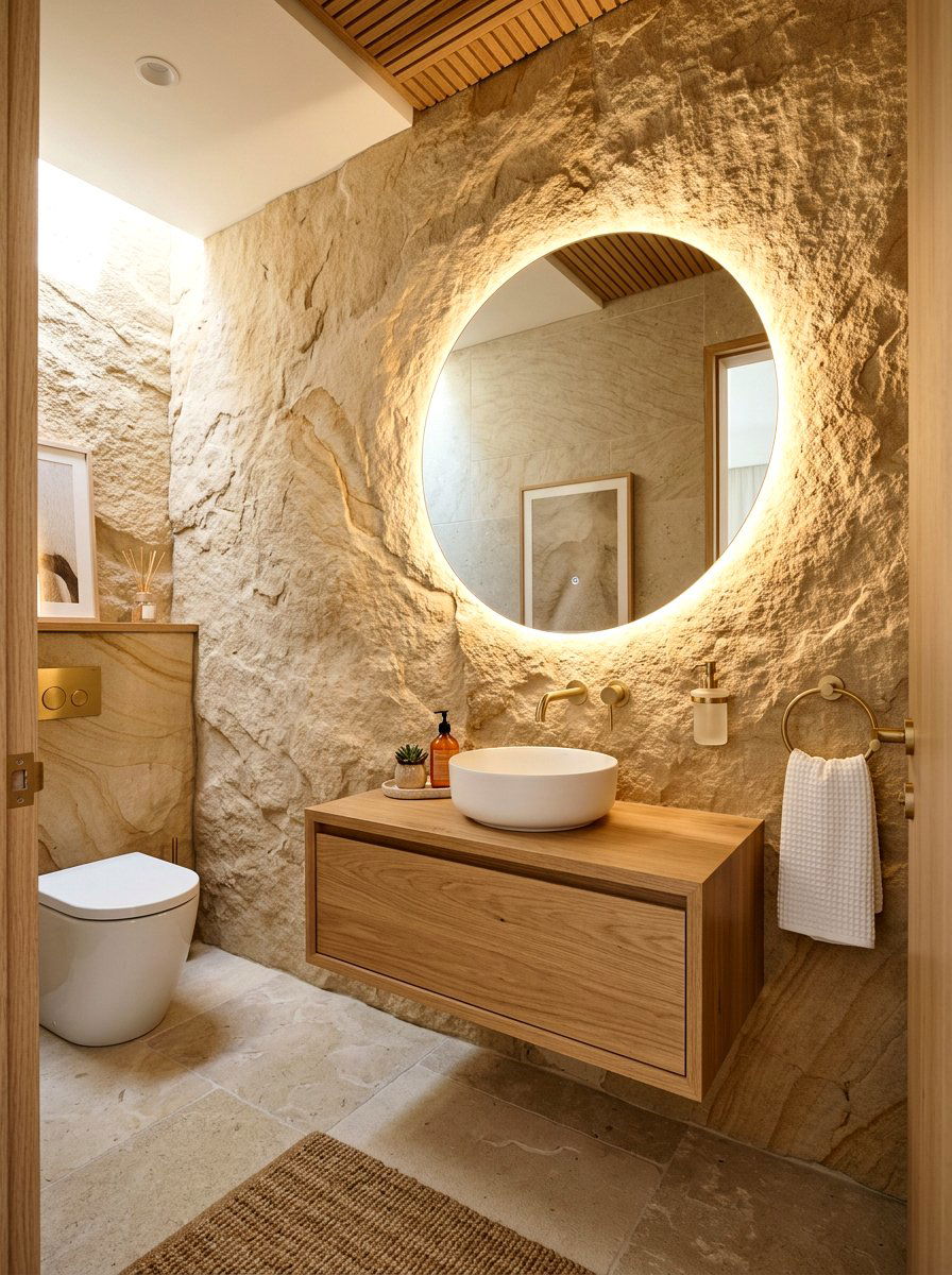 Textured Sandstone Wall - 30 sandstone powder room ideas