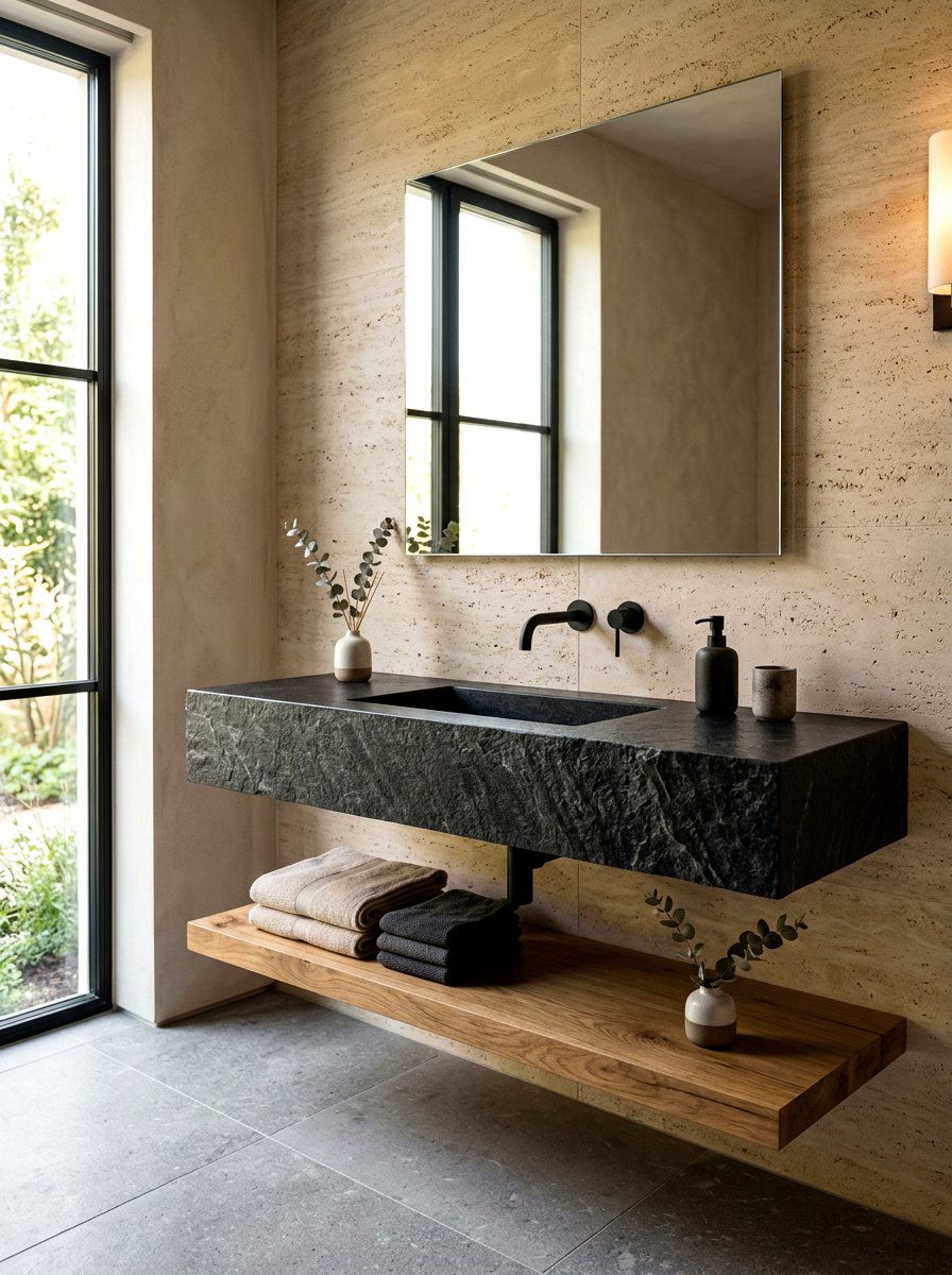 Textured Stone Wall Mount Vanity - 30 integrated stone vanity ideas