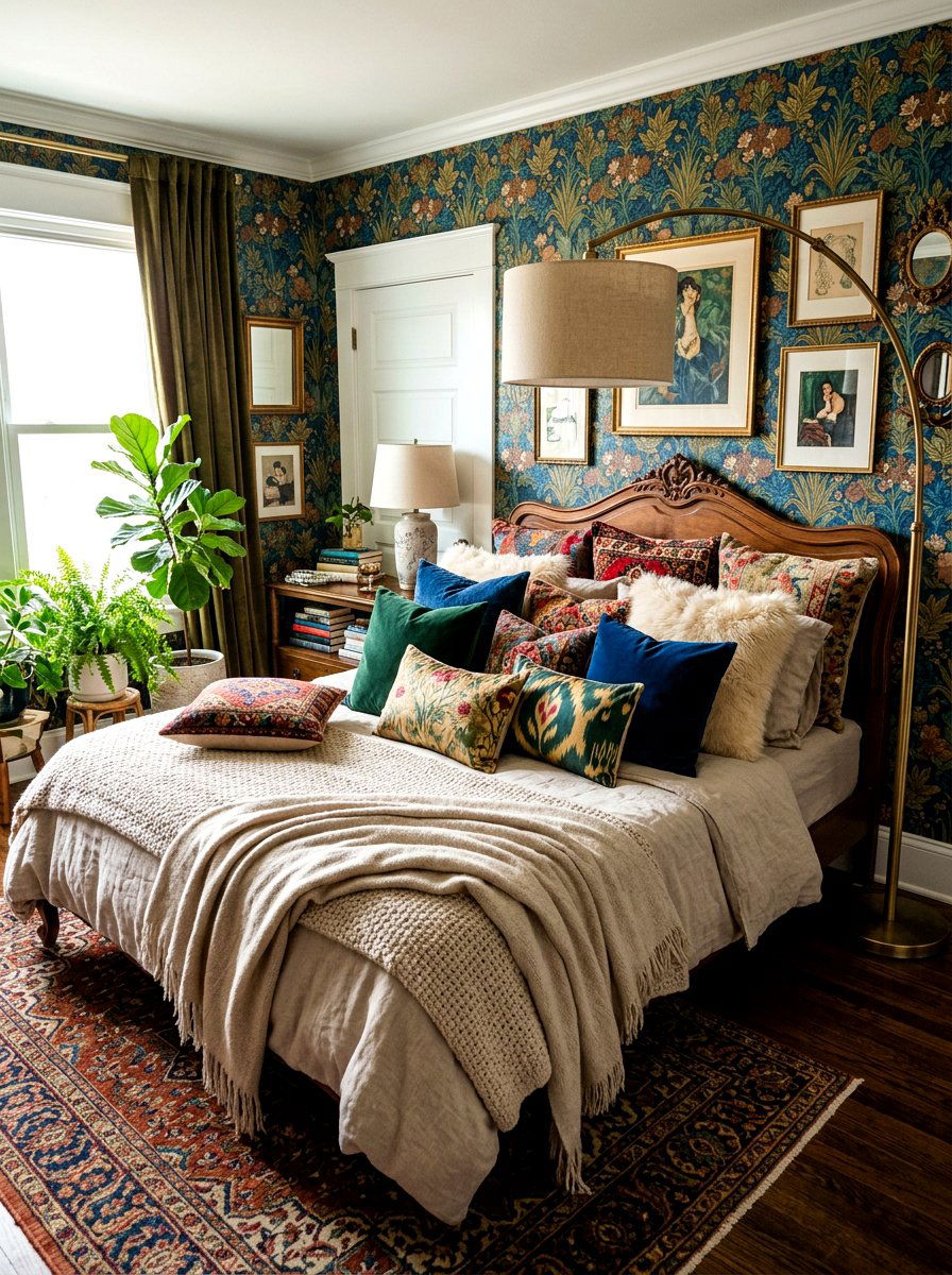 Textured Throw Pillows - 30 maximalist bedroom ideas