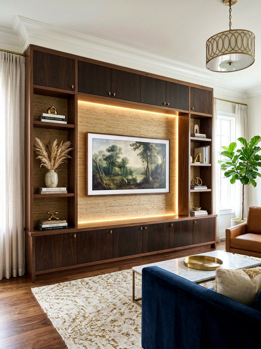 Textured Wallpaper Media Wall - 30 built in media wall ideas