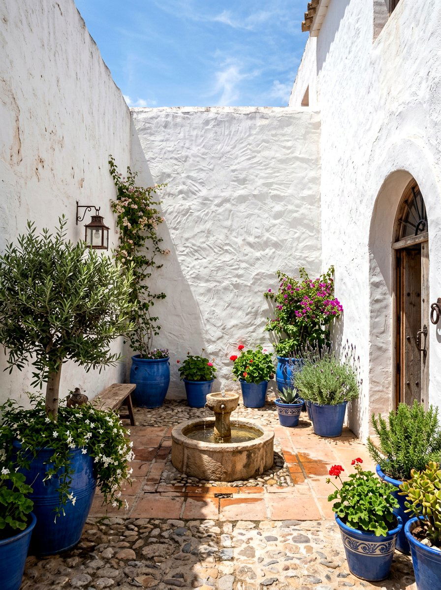 Textured White Stucco Courtyard - 30 limewashed wall backyard ideas