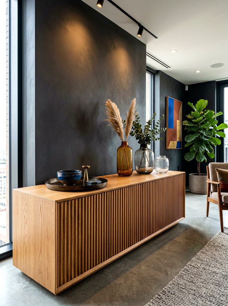 Textured Wood Media Console - 30 media console styling ideas