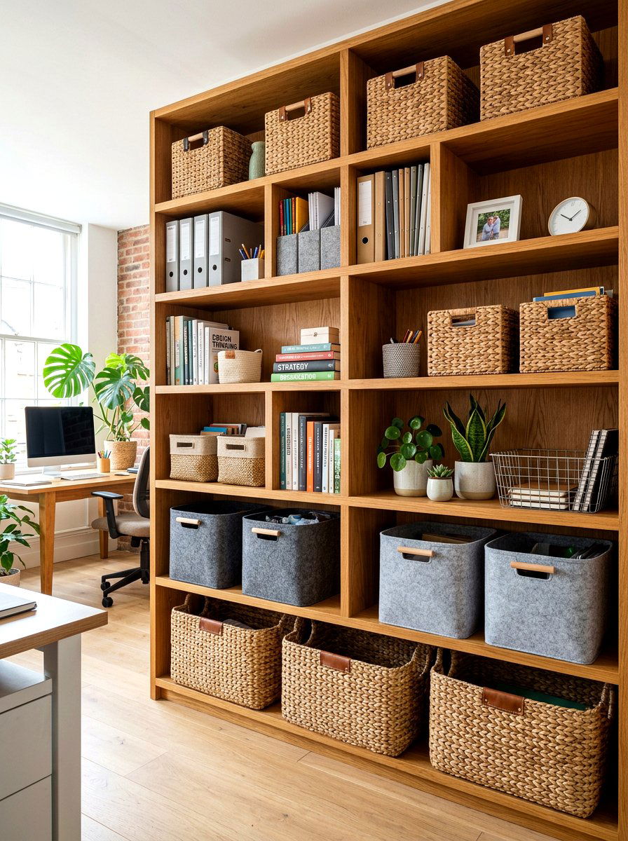 Textured baskets on office shelves - 30 office bookshelf styling ideas