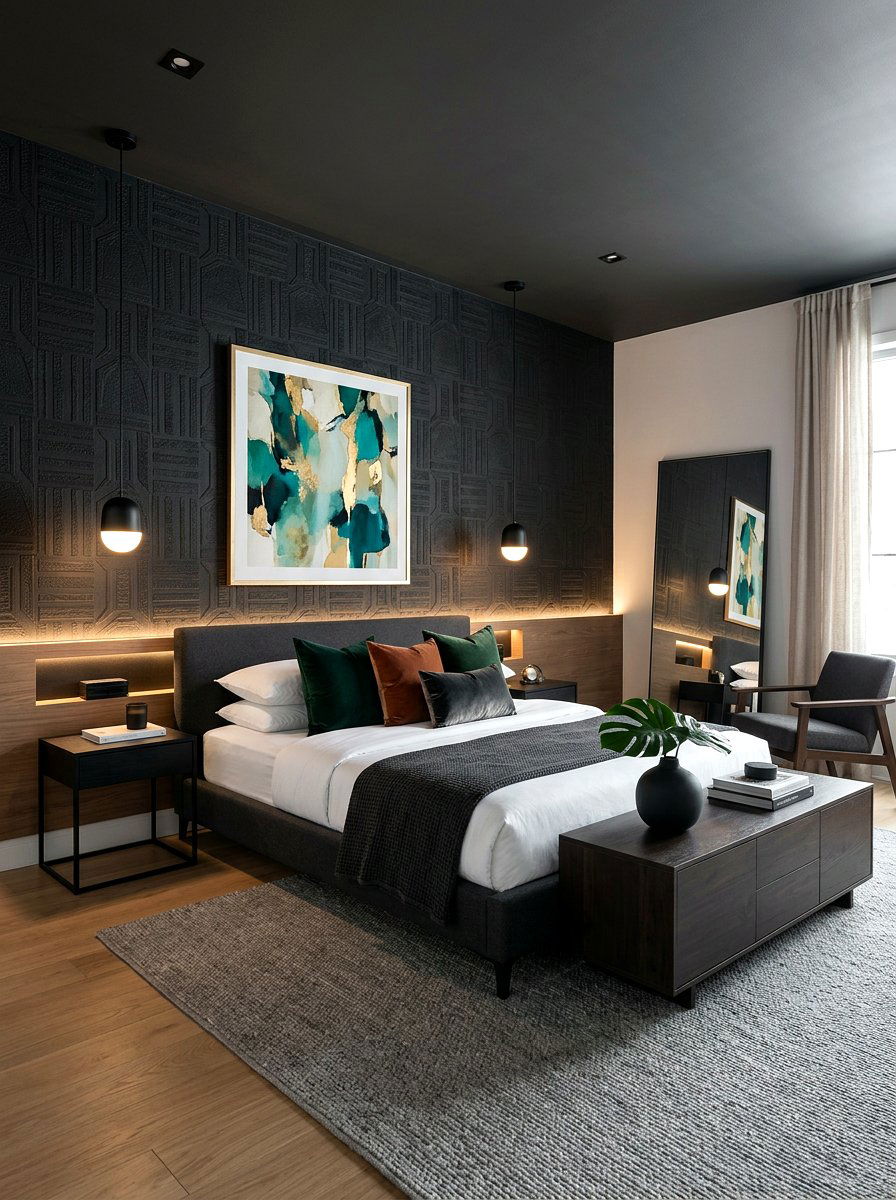 Textured black wallpaper bedroom