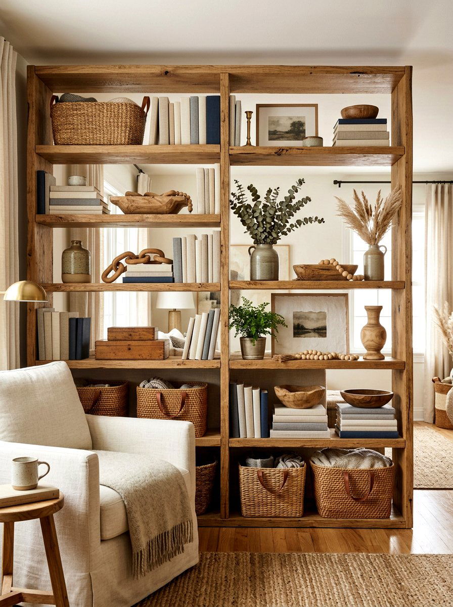 Textured bookshelf styling - 30 bookshelf spring styling ideas