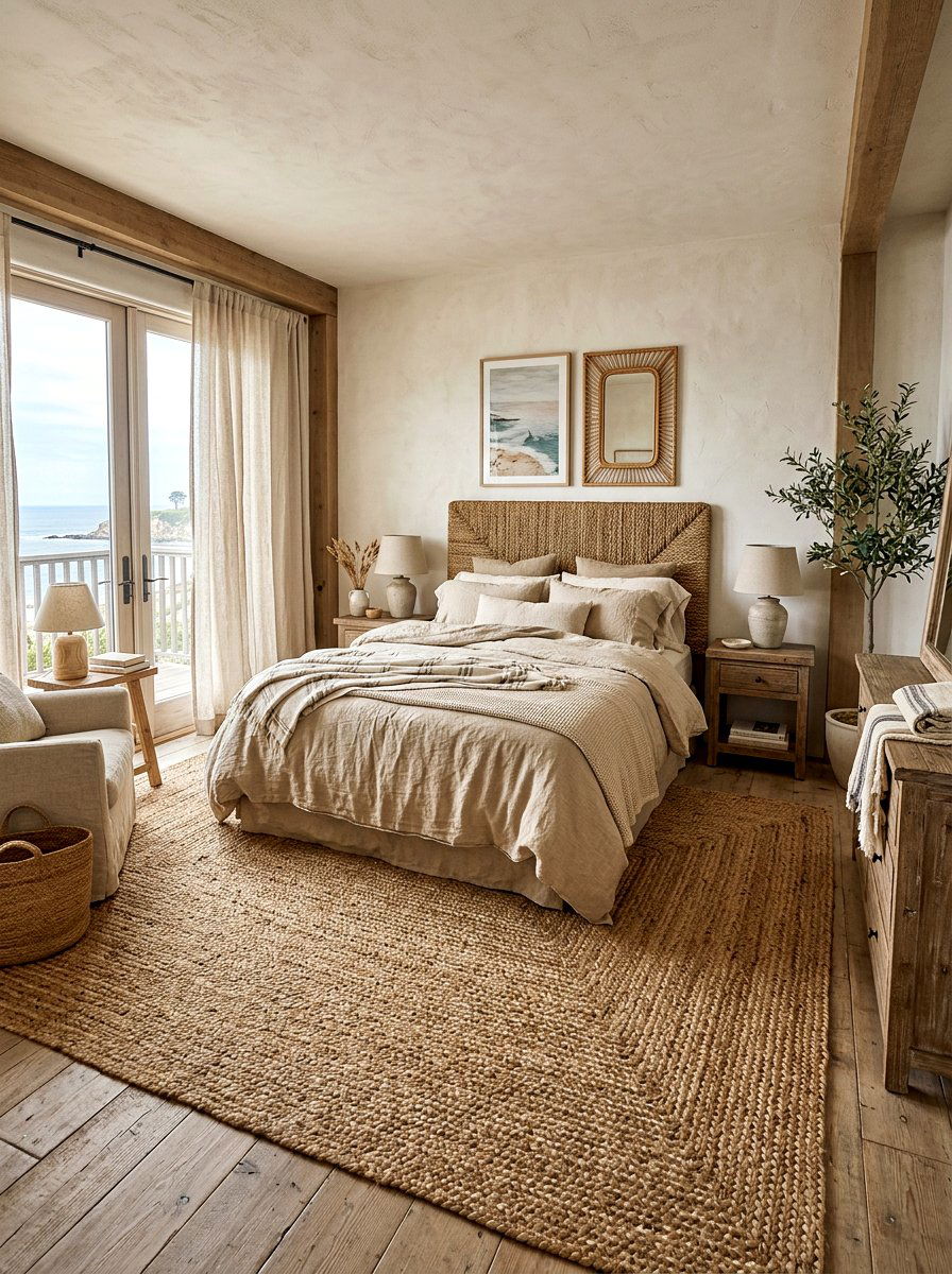 Textured coastal bedroom with jute and linen - 30 coastal bedroom ideas