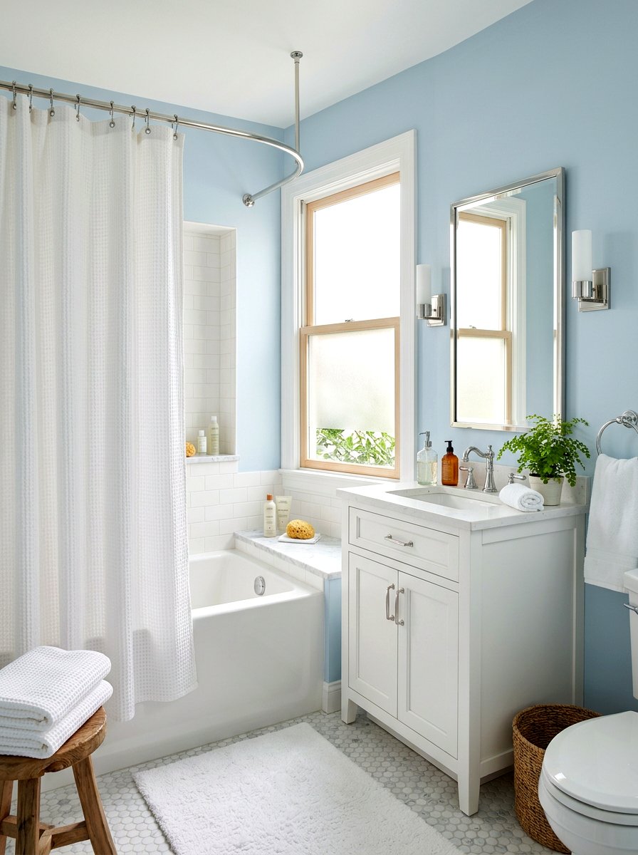 Textured fabric shower curtain - 30 alcove tub styling ideas