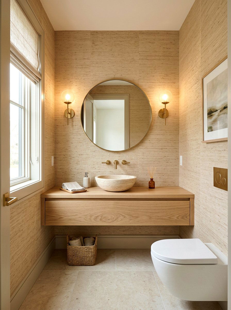 Textured grasscloth wallpaper - 30 jewel box powder room wallpaper ideas