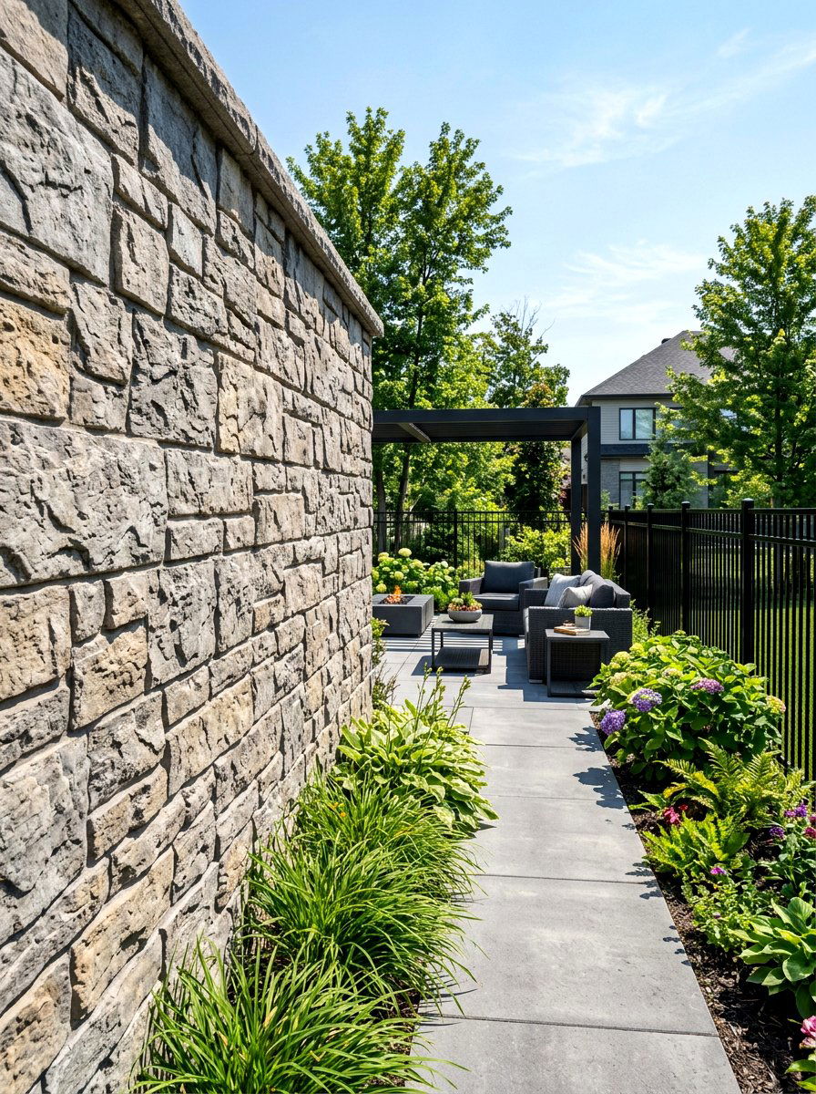 Textured masonry wall - 30 sloped backyard retaining wall ideas