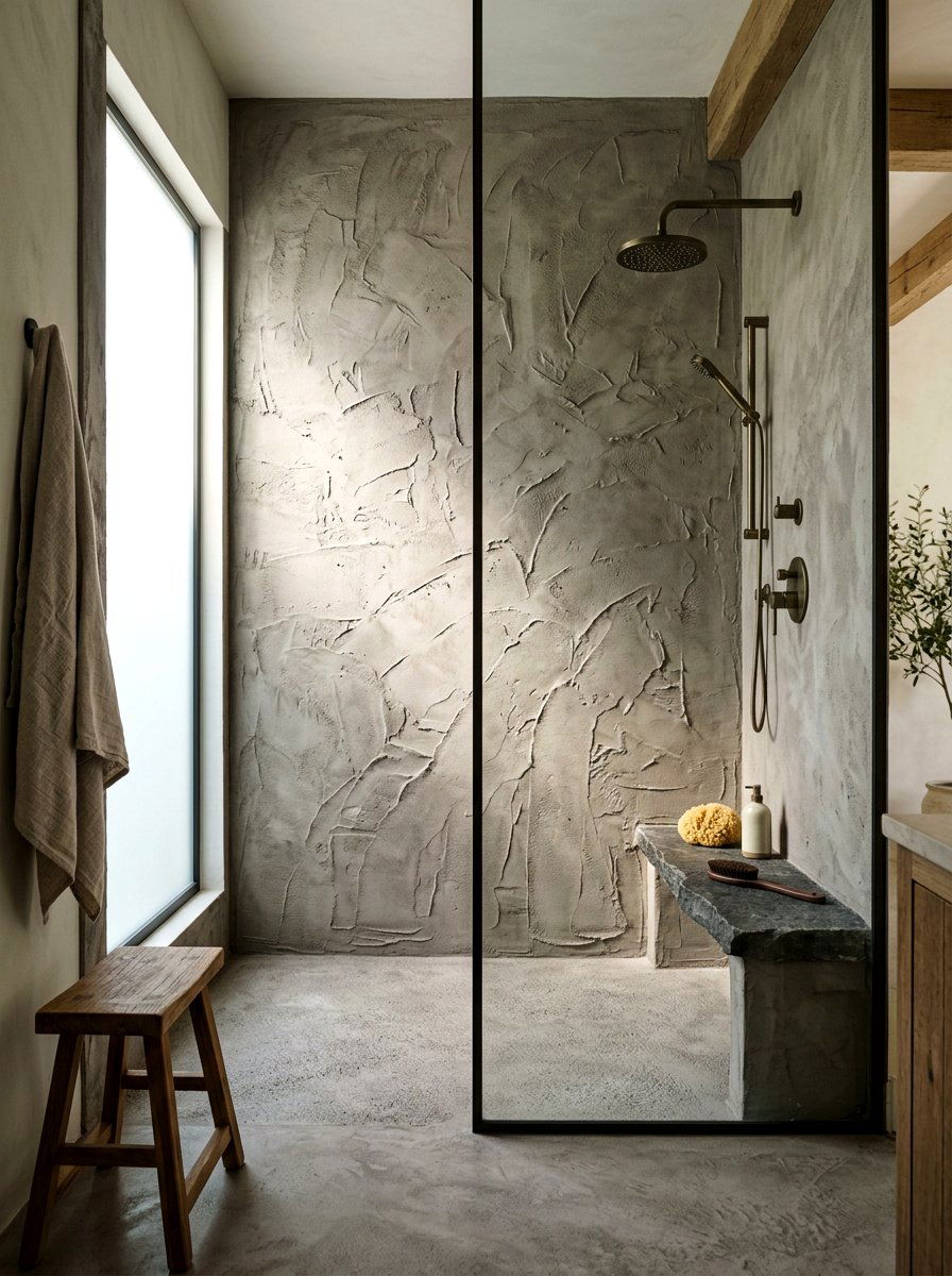 Textured microcement shower - 30 microcement shower ideas