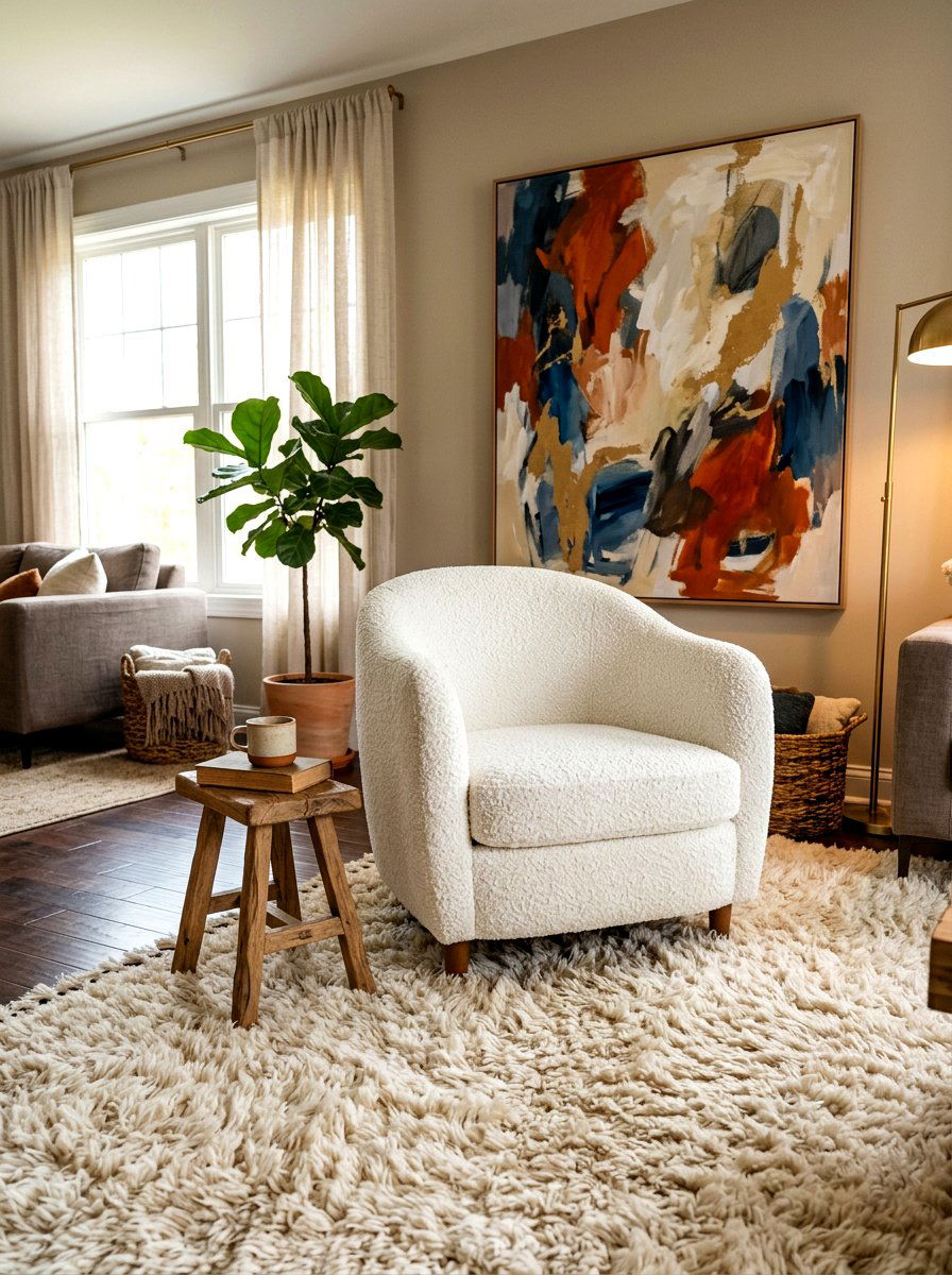 Textured rug with boucle chair - 30 boucle chair corner ideas