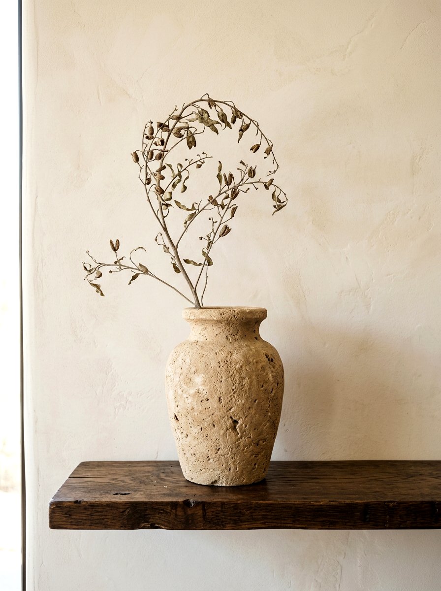 Textured stone vase - 30 open cabinet styling ideas