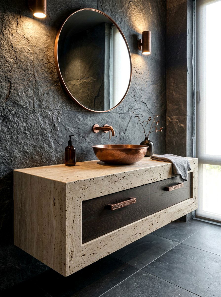 Textured travertine vanity - 30 travertine vanity bathroom ideas