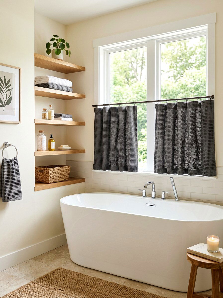 Textured waffle weave cafe curtain - 30 cafe curtain bathroom ideas