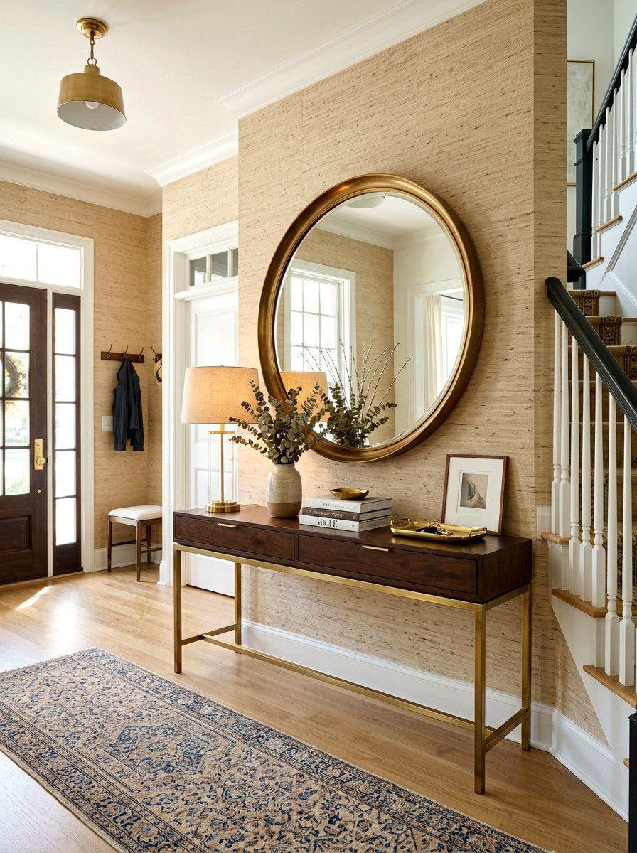 Textured wallpaper behind console - 30 foyer console styling ideas
