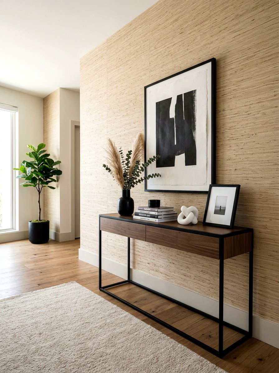 Textured wallpaper behind console - 30 hallway console styling ideas