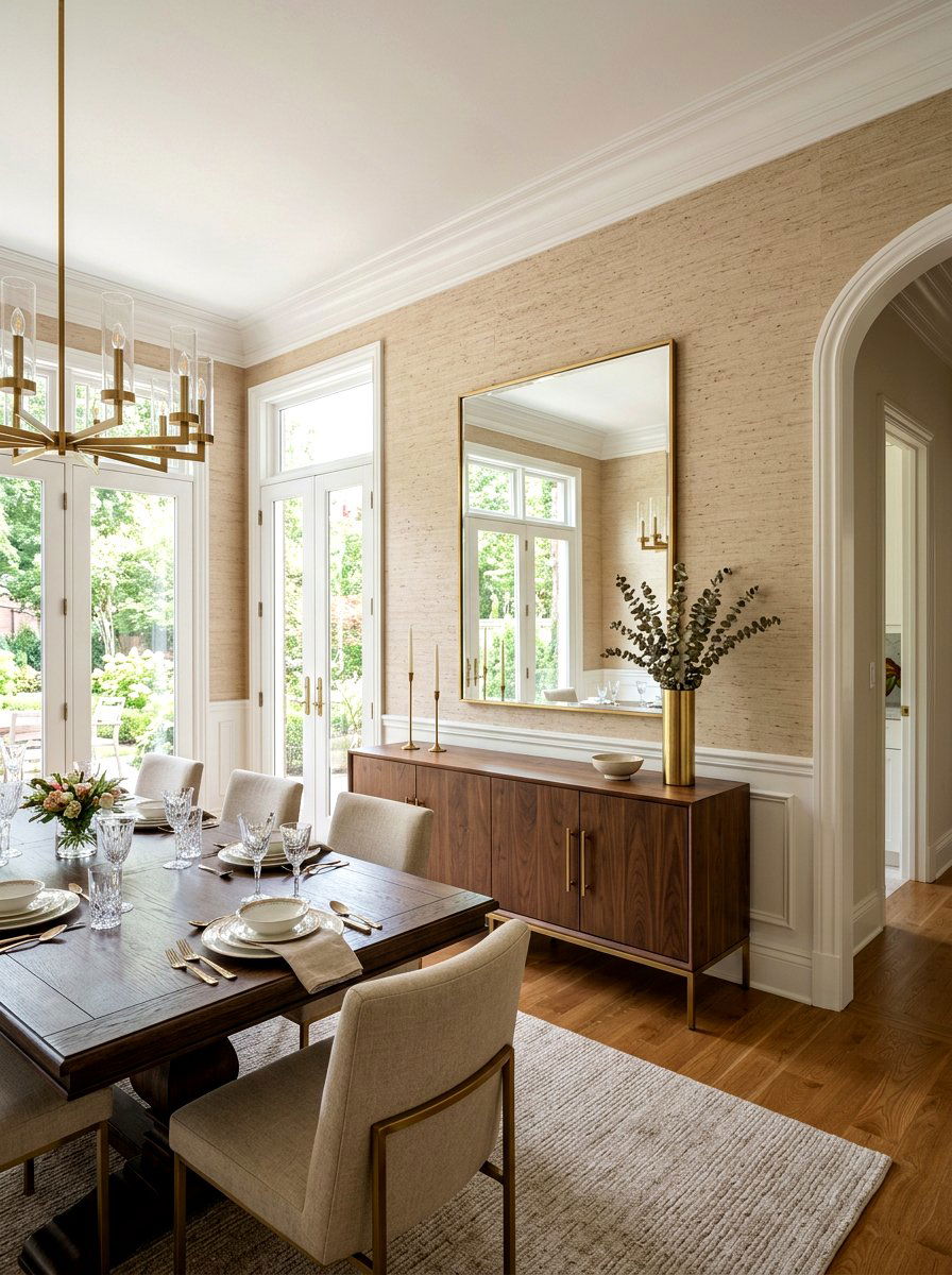 Textured wallpaper behind dining room sideboard - 30 dining room sideboard styling ideas