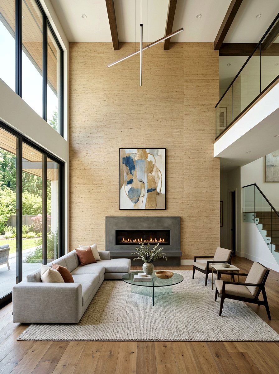 Textured wallpaper for double height walls - 30 split level living room ideas