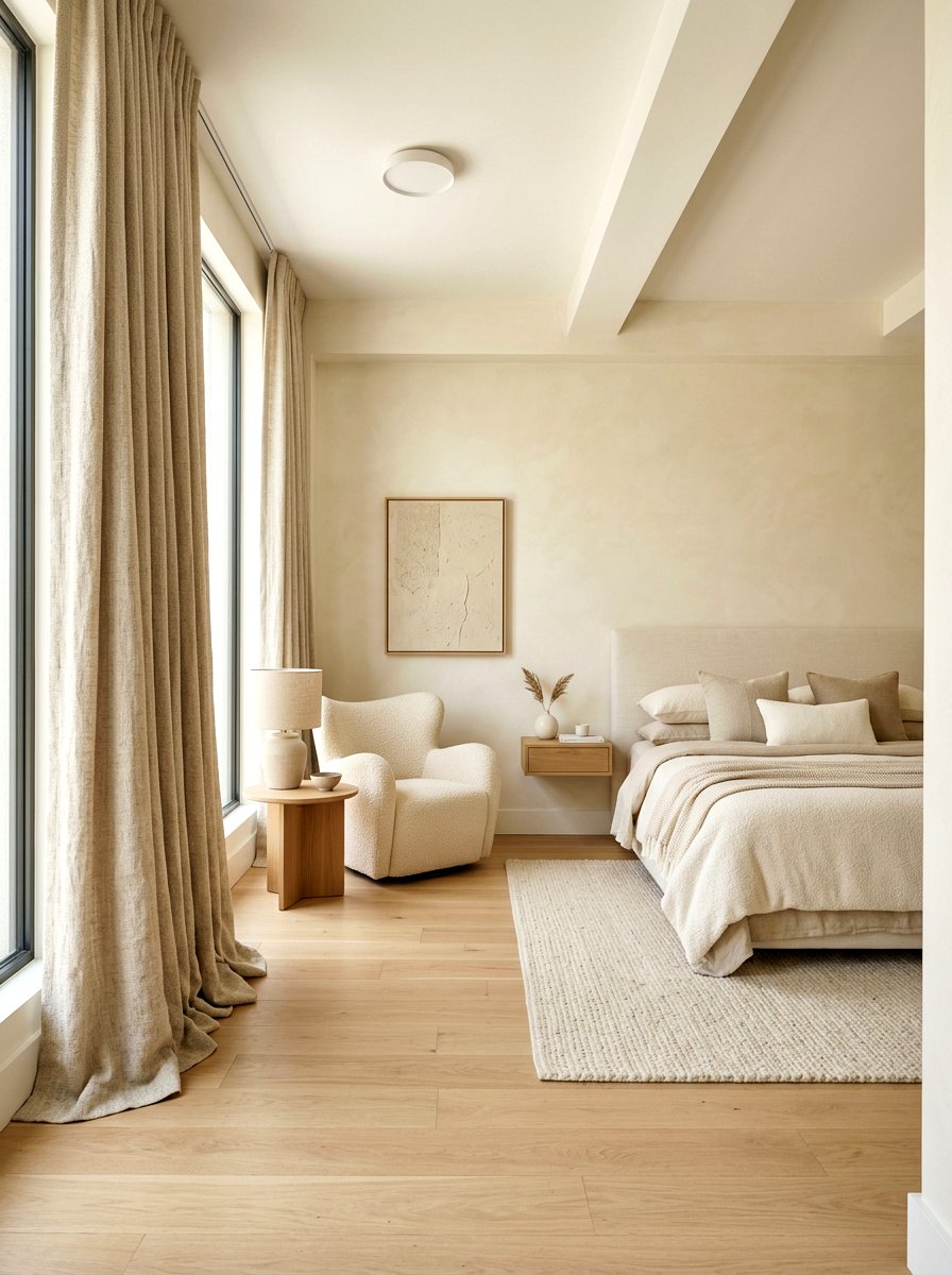 Textured weave puddled curtains - 30 puddled curtains bedroom ideas