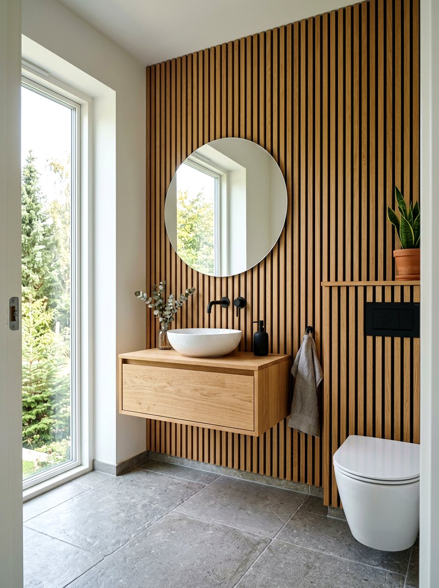 Textured wood slat stripes - 30 striped powder room ideas