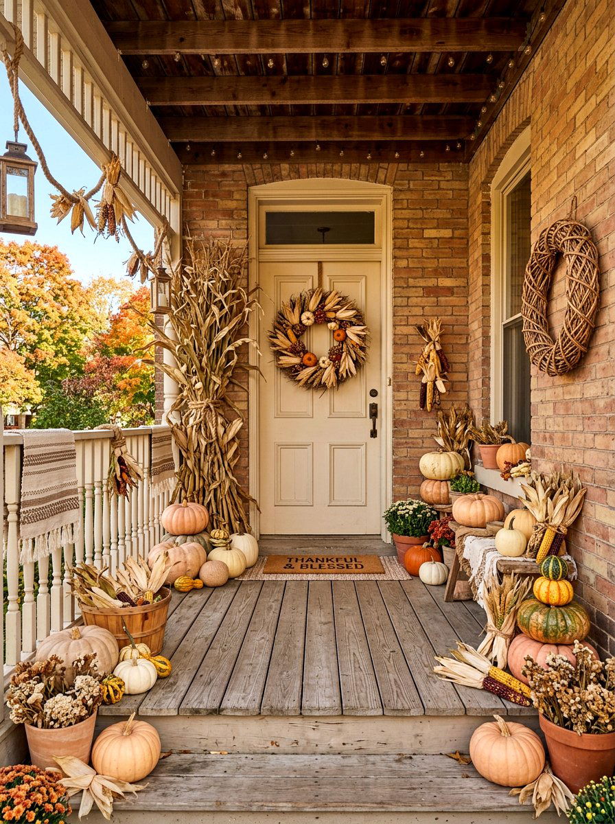Thanksgiving Corn Husk Porch - 30 holiday porch decor ideas