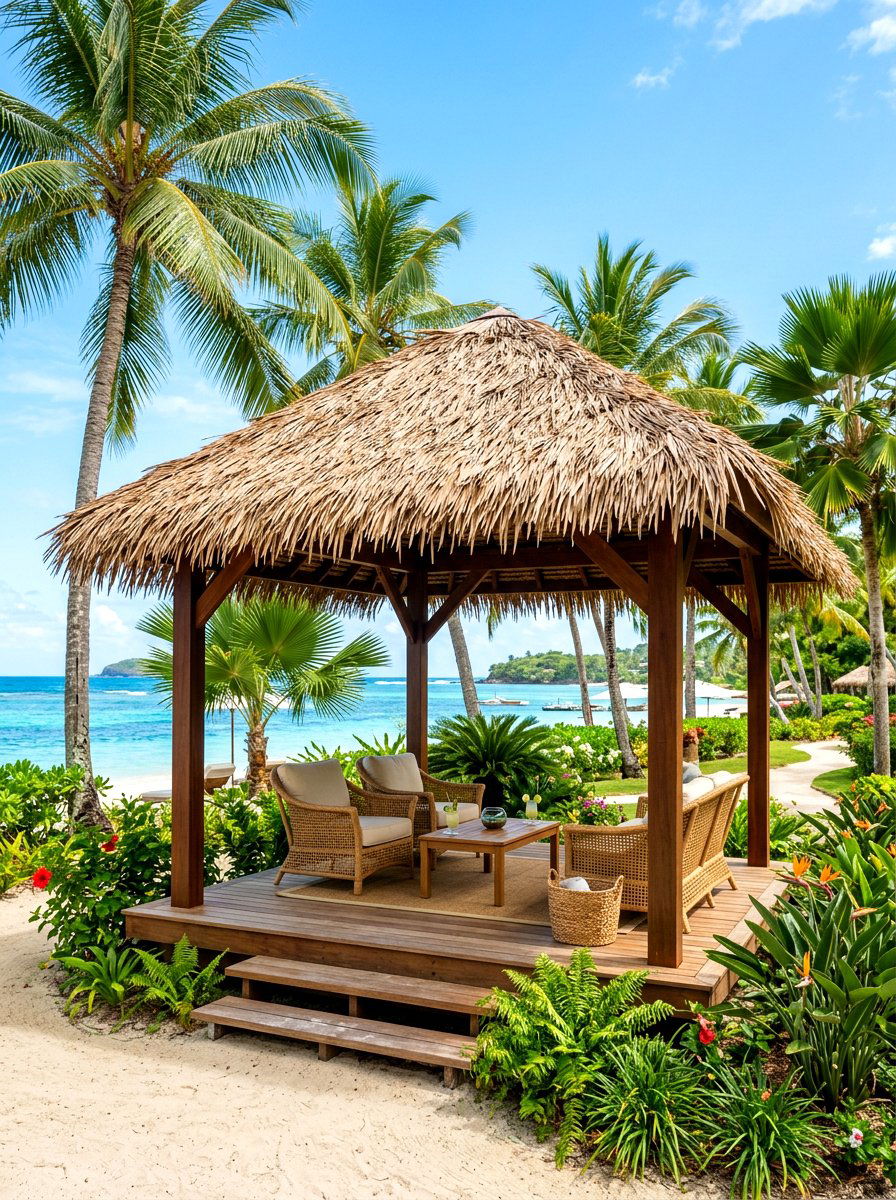 Thatch roof gazebo - 30 tropical landscaping ideas