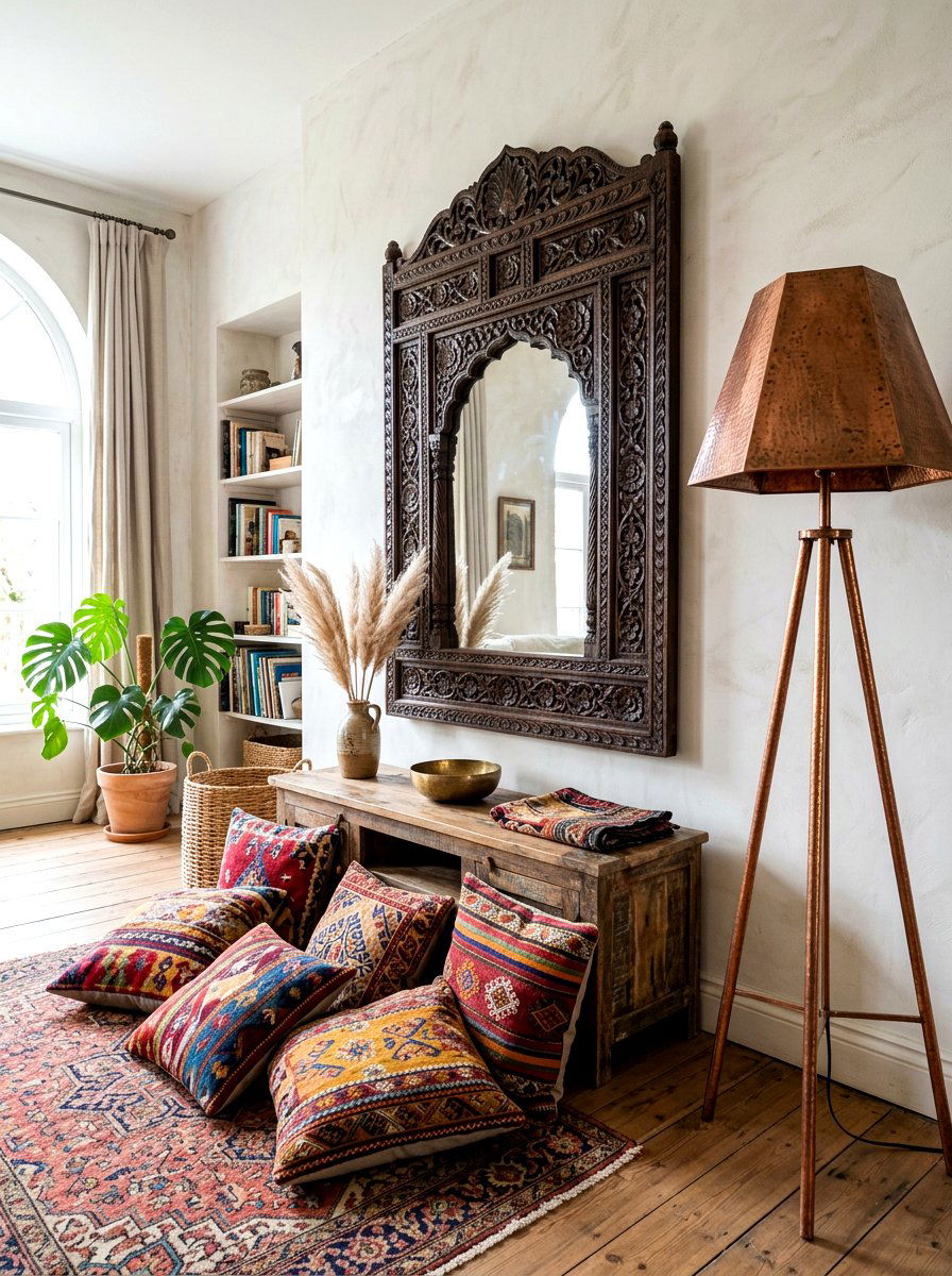 Thick Carved Wood Mirror Global Style - 30 oversized mirror leaning wall ideas