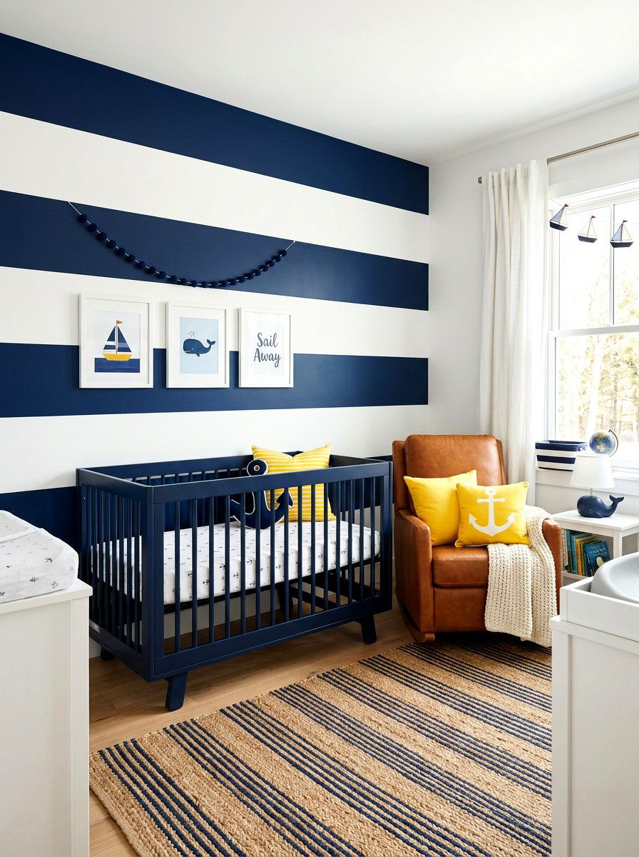 Thick Navy Stripe Accent Wall - 30 stripe nursery wallpaper ideas