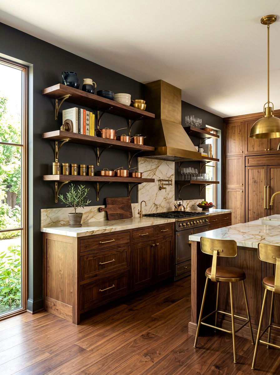 Thick Walnut Wall Shelves - 30 vintage kitchen shelf ideas