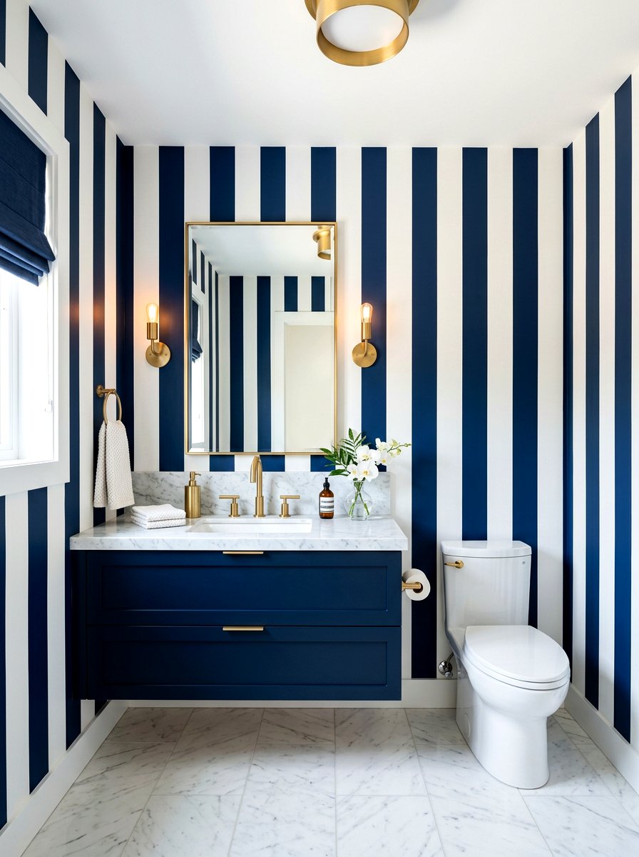 Thick navy blue striped bathroom - 30 striped powder room ideas