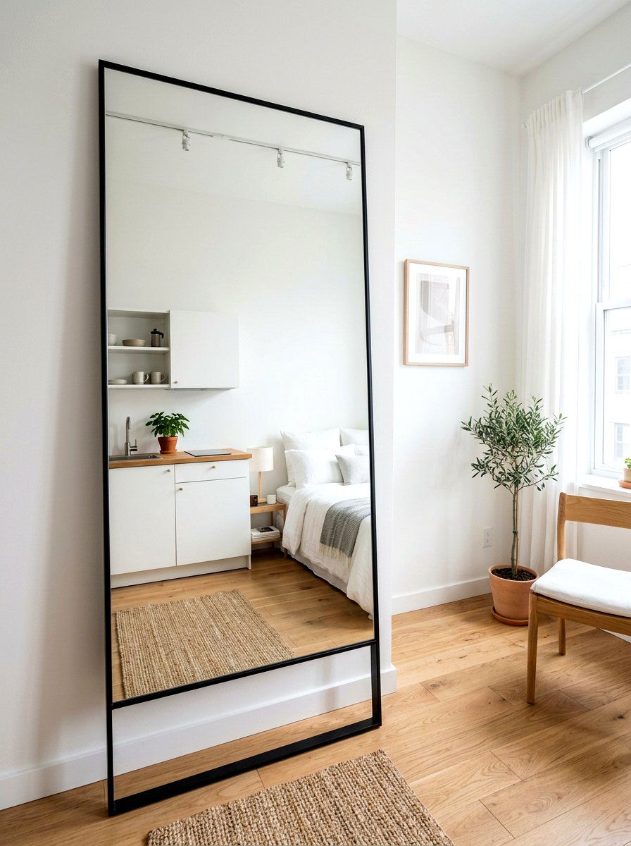 Thin Black Frame Mirror Minimalist Studio - 30 oversized mirror leaning wall ideas