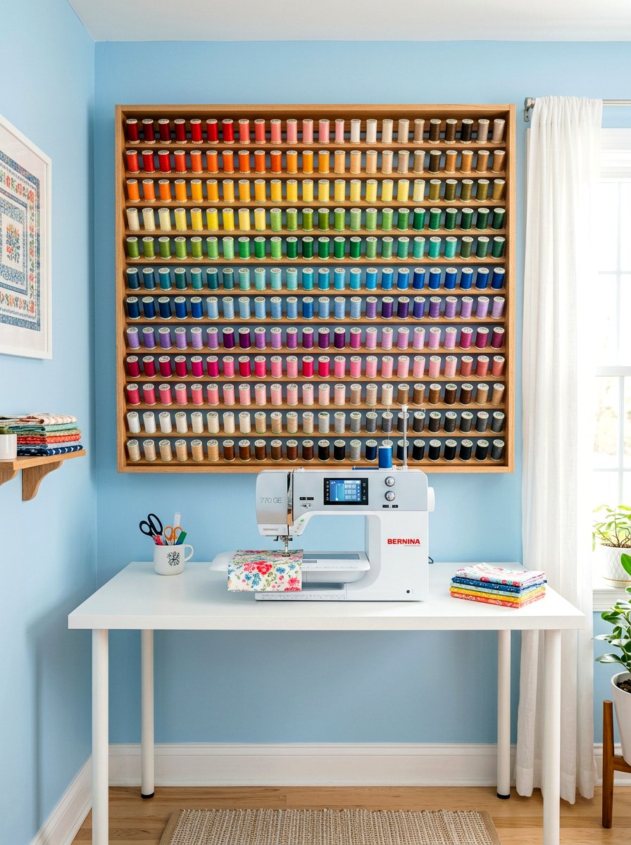 Thread Spool Wall Rack - 30 quilting room ideas