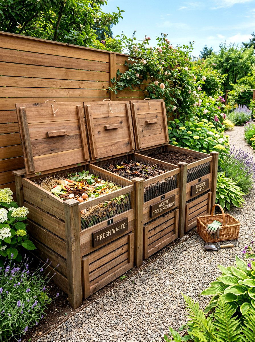 Three Bin Composting System - 30 compost corner ideas