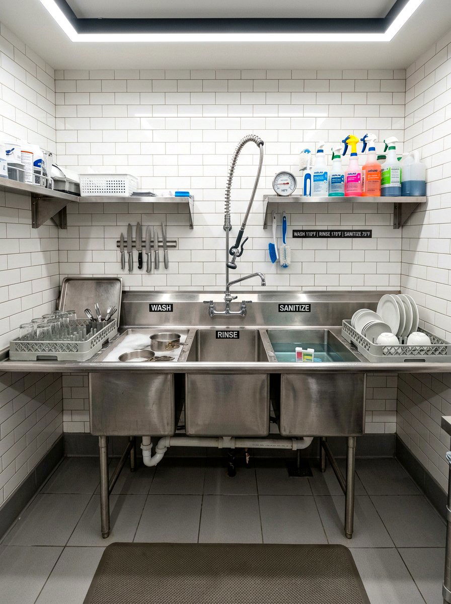 Three Compartment Commercial Sink - 30 catering kitchen ideas
