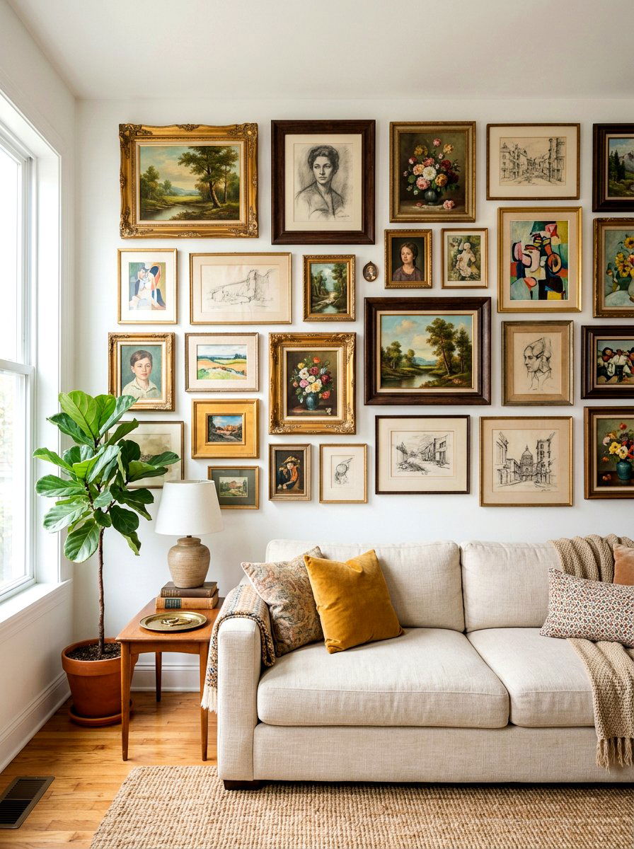Thrifted Art Gallery Wall - 30 secondhand decor ideas