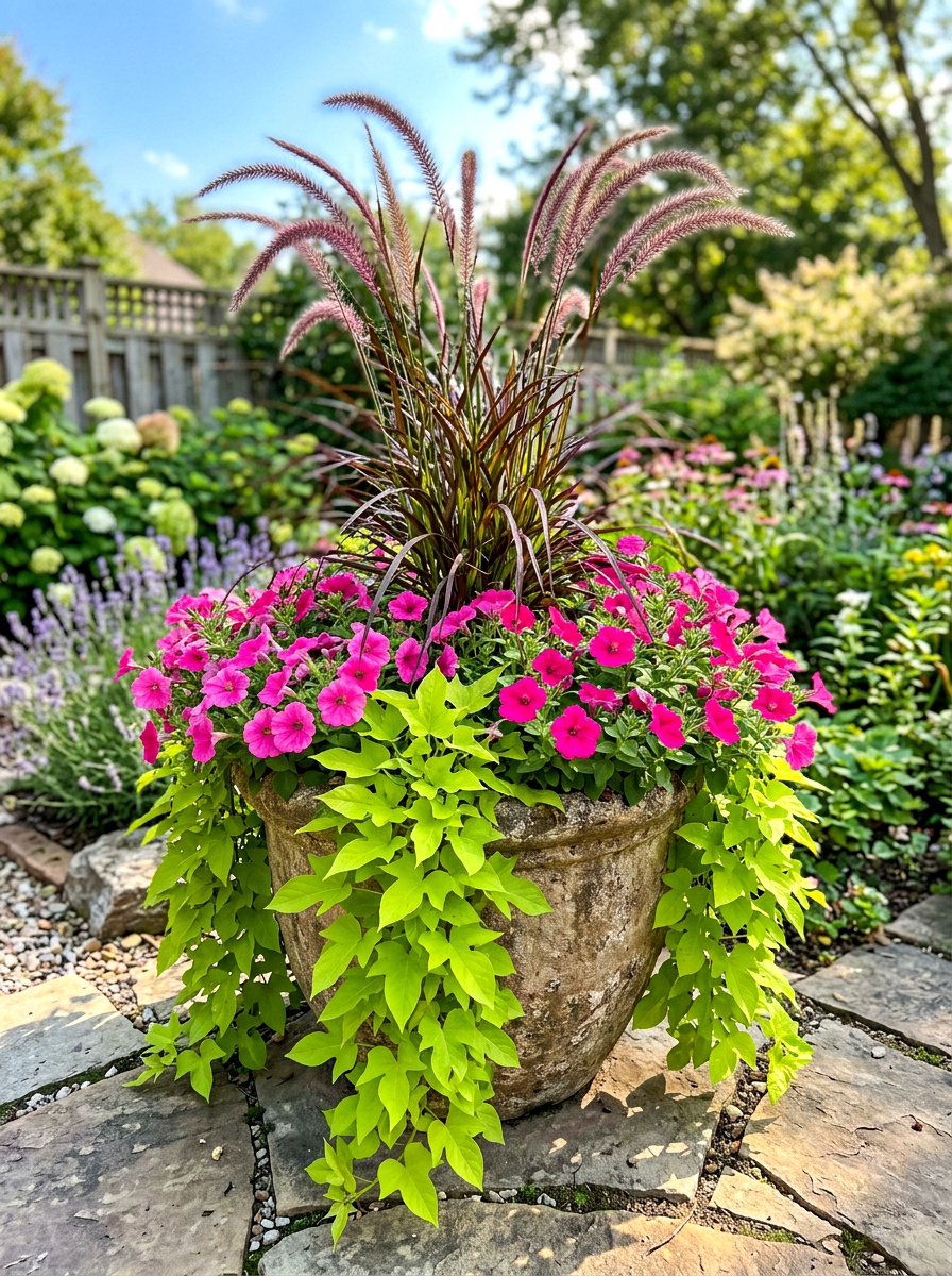 Thriller Filler Spiller Arrangement - 30 container plant arrangement ideas