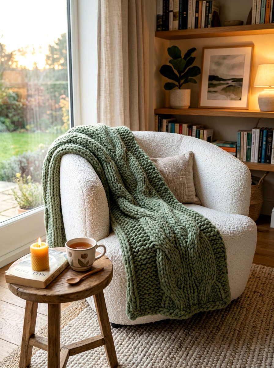 Throw blanket on boucle chair - 30 boucle chair corner ideas