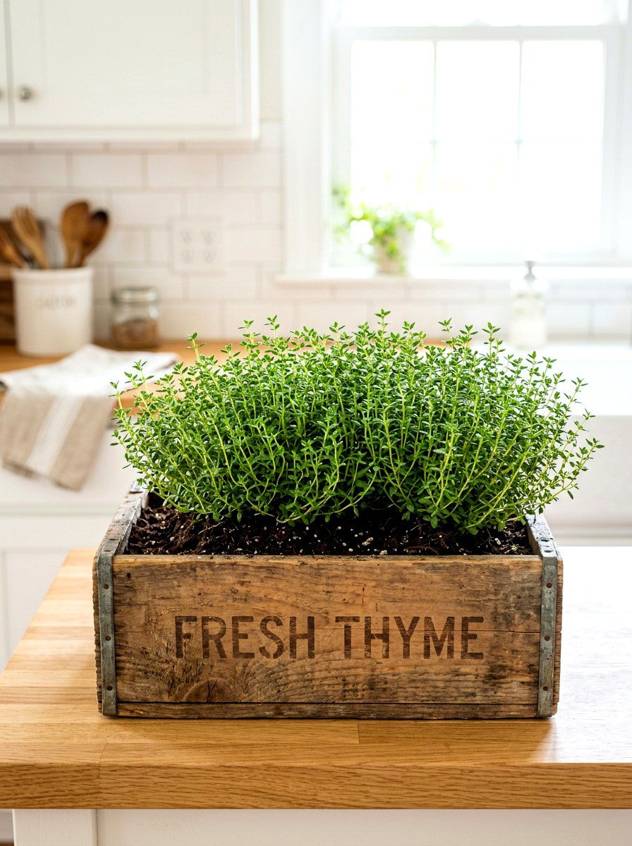 Thyme Growing In Wooden Crate - 30 windowsill vegetable garden ideas