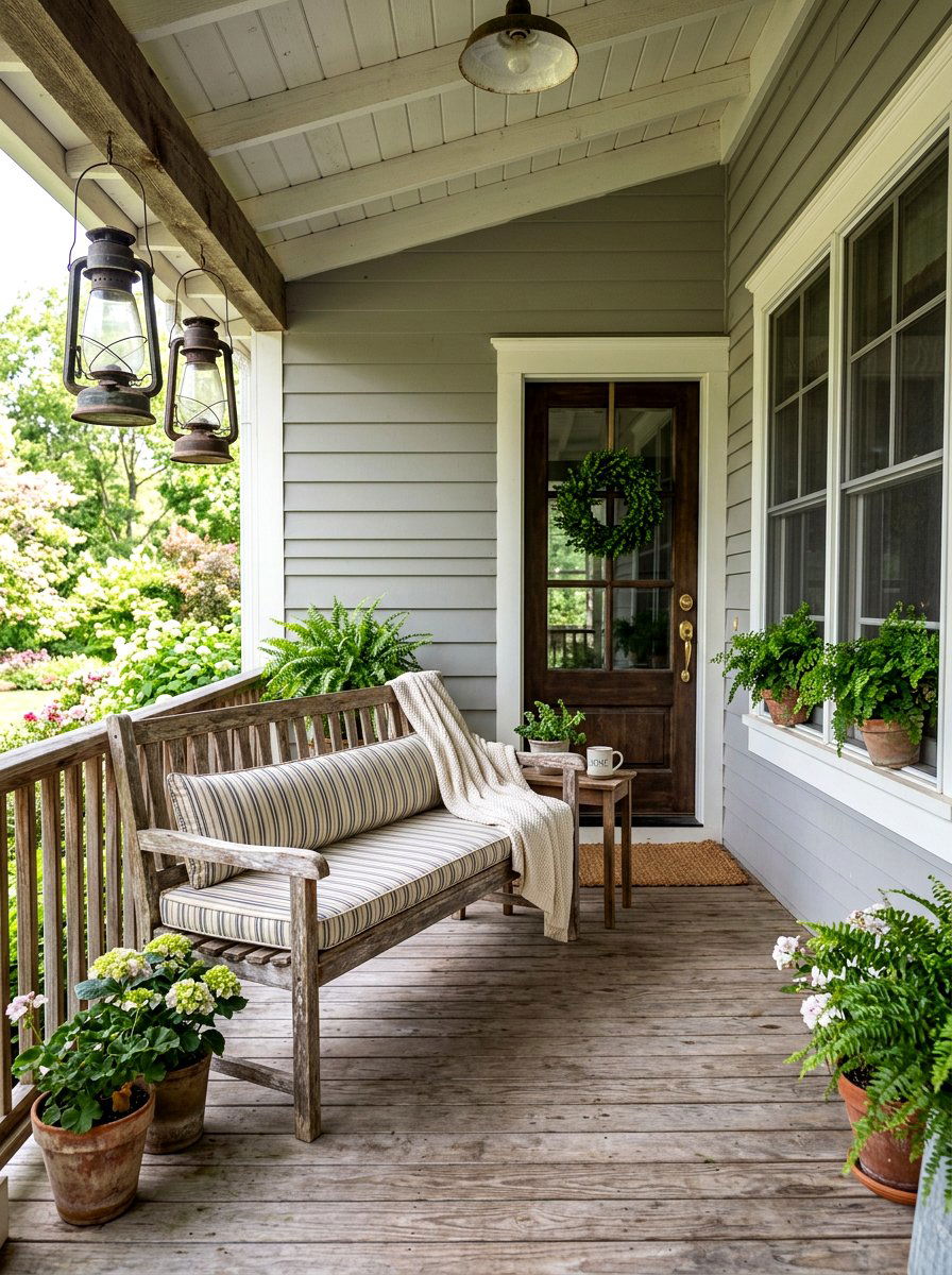 Ticking Stripe Porch Bench - 30 striped summer porch ideas