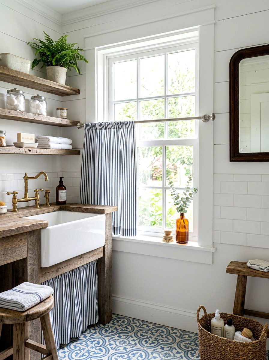 Ticking stripe bathroom cafe curtain - 30 cafe curtain bathroom ideas
